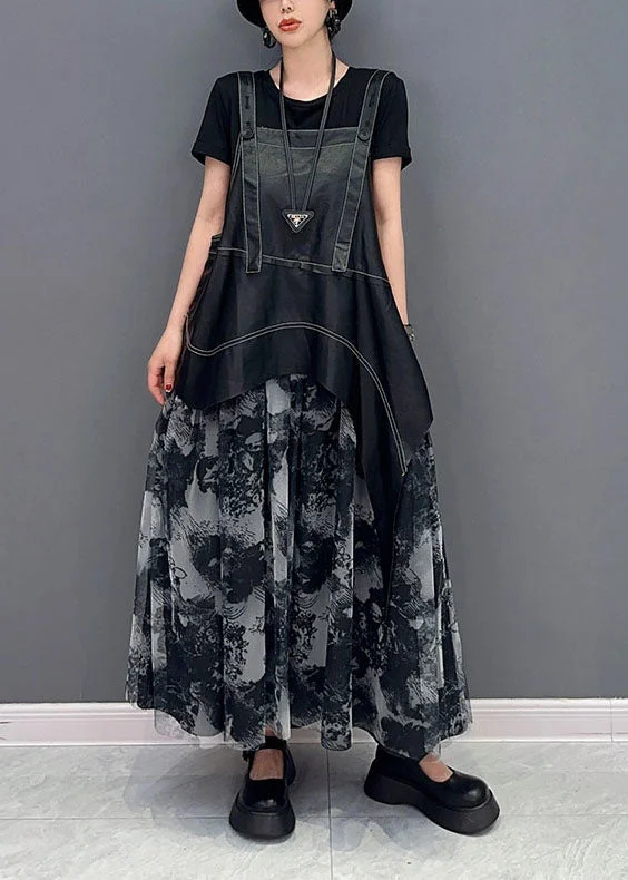 Price Break modern dressmodern dressStylish Black Asymmetrical Patchwork Exra Large Hem Chiffon Strap Dress Summer