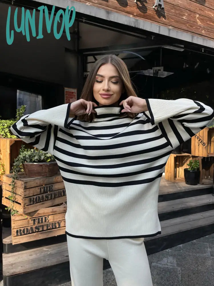 Massive Deals Lunivop Winter Oversized Stripe Matching Set Casual Warm Turtleneck Autumn Pullover Knitted Two Pieces Sweater Set Long Sleeve