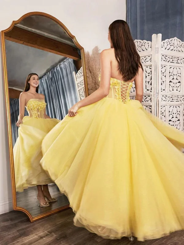 Final Clearance trendy mini dresstrendy mini dressStrapless Yellow Lace Floral Tea Length Prom Dresses, Yellow Lace Formal Dresses, Tea Length Yellow Evening Dresses SP2375