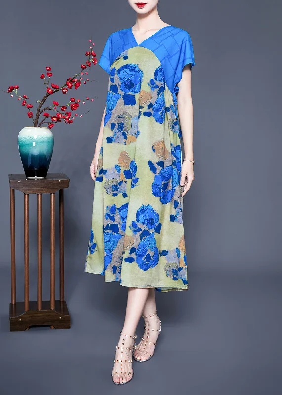 Clearance Event puff sleeve dresspuff sleeve dressCasual Blue V Neck Patchwork Print Silk Holiday Dress Summer