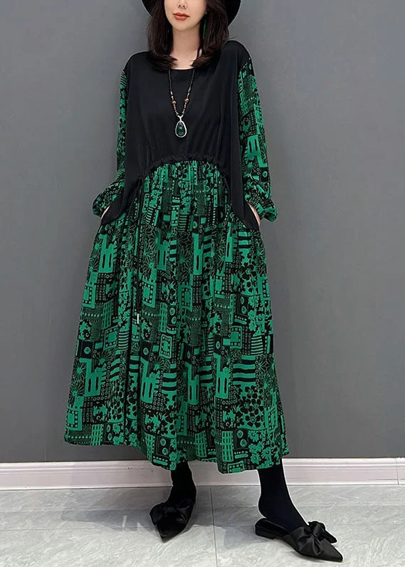 Stock Up and Save comfy maxi dresscomfy maxi dressBoho Green O-Neck Patchwork Drawstring Cotton Maxi Dresses Fall