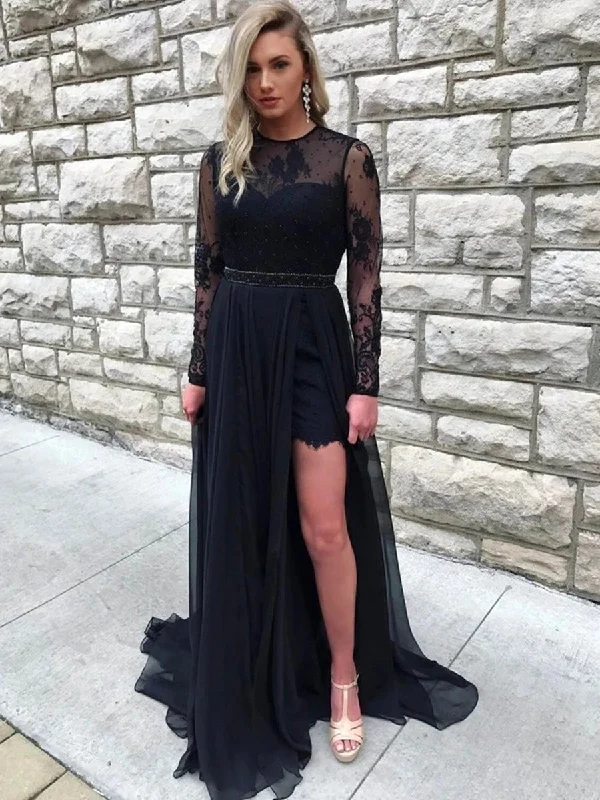 Can't Be Beat satin midi dresssatin midi dressRound Neck Long Sleeves Open Back Lace Black Prom Dresses with Slit, Long Sleeves Black Lace Formal Dresses, Black Evening Dresses
