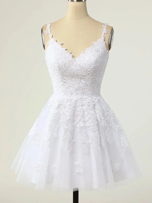 Price Blitz trendy dresstrendy dressV Neck Open Back White Lace Short Prom Homecoming Dresses, White Lace Formal Graduation Evening Dresses SP2428