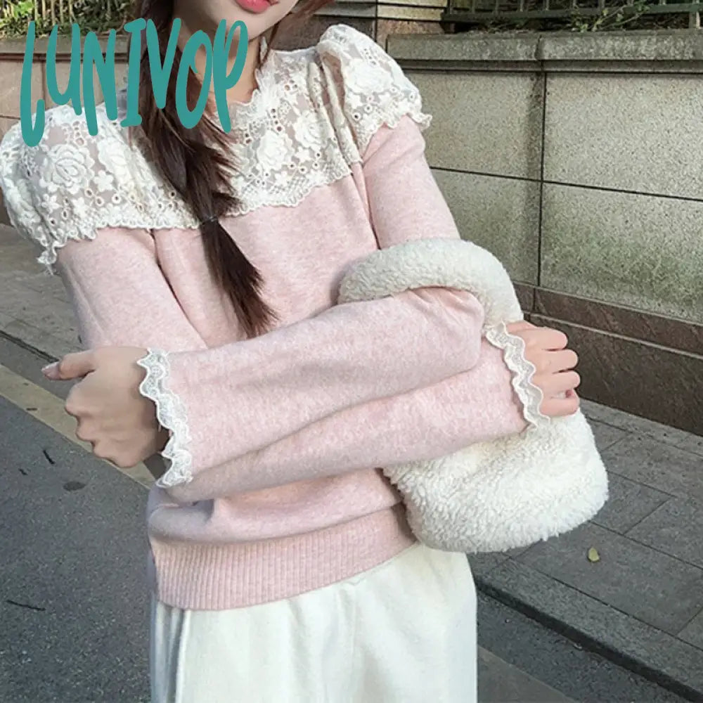 Discount Extravaganza Lunivop Lace Patchwork Knit Sweater Women Autumn New Sweet Long Sleeved Pullover Sweater Slim Elegant Top