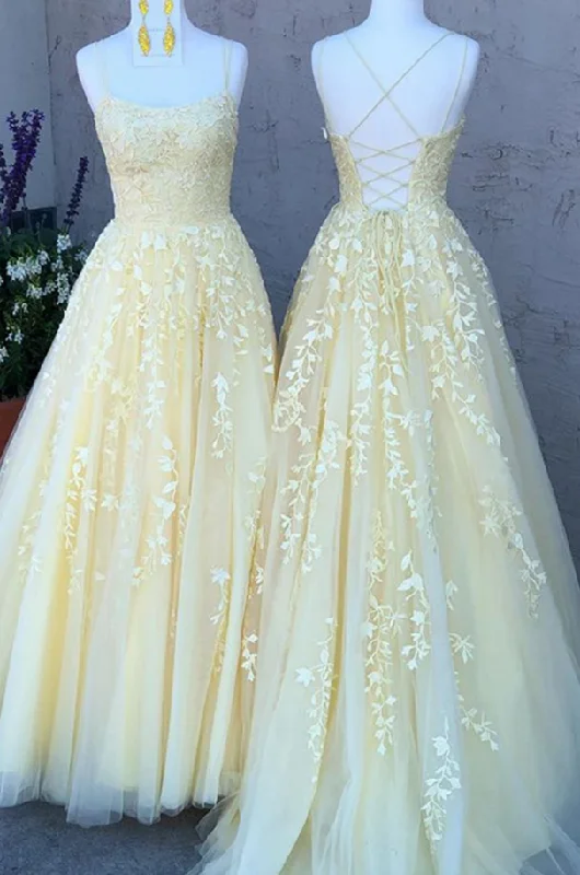 Bargain Blast elegant dresselegant dressSpaghetti Straps Yellow Lace Prom Dress