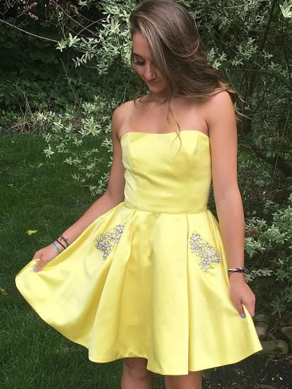 Today’s Special minimalistic dressminimalistic dressStrapless Short Yellow Prom Dresses with Pockets, Yellow Formal Graduation Homecoming Dresses