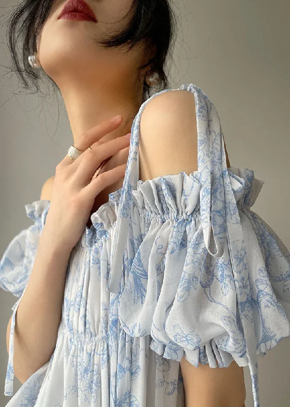 YEAR-End Sale sleek midi dresssleek midi dressBohemian Light Blue Ruffled Wrinkled Print Chiffon Spaghetti Strap Dresses Sleeveless
