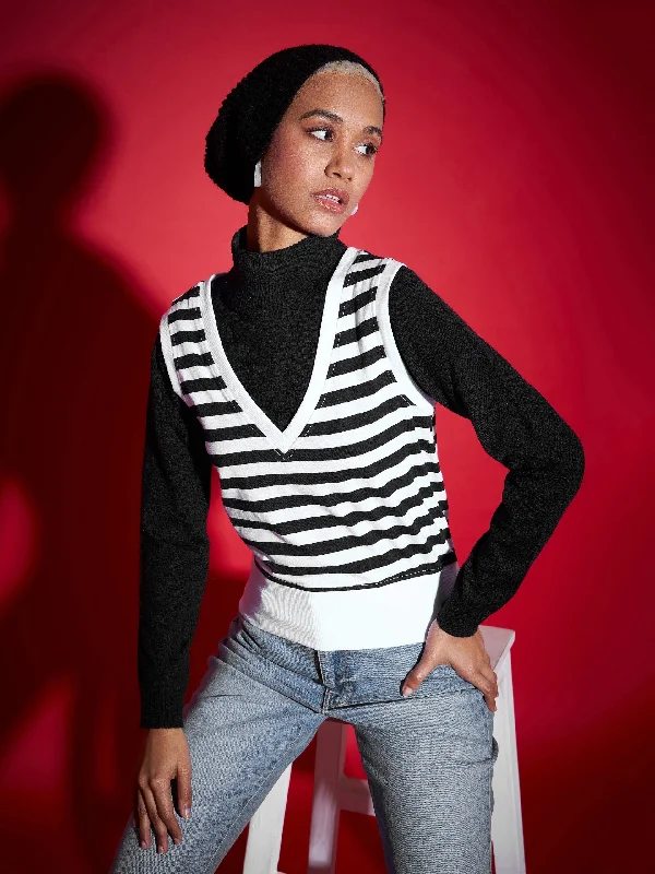 Value Deals pullover workout hoodieWomen Black & White Striped V-Neck Sleeveless Sweater Value Deals pullover workout hoodieWomen Black & White Striped V-Neck Sleeveless Sweater