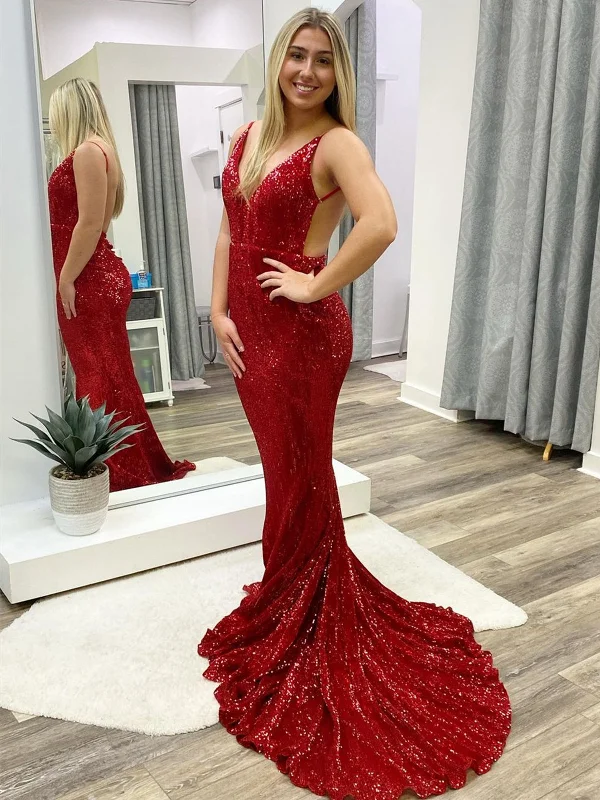 Final Markdown summer dresssummer dressMermaid V Neck Backless Burgundy Long Prom Dresses, Mermaid Burgundy Formal Dresses, Backless Burgundy Evening Dresses SP2275