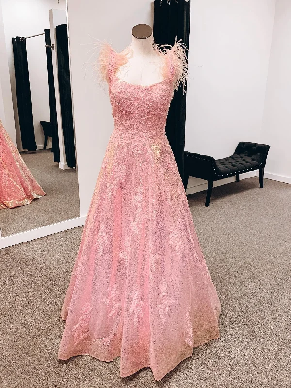 Savings Galore structured dressstructured dressOpen Back Pink Lace Prom Dresses Long, Pink Lace Formal Dresses, Pink Evening Dresses SP2682