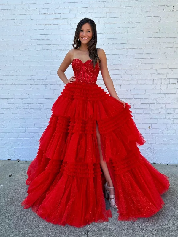 Savings Galore shift dressshift dressStrapless Red Lace Long Prom Dresses with High Slit, Red Lace Formal Dresses, Long Red Evening Dresses SP3066
