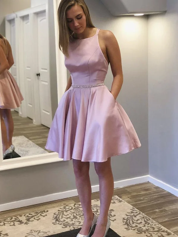 Exclusive Offers party-ready dressparty-ready dressCute Backless Pink Satin Short Prom Dresses with Pocket, Short Pink Formal Graduation Homecoming Dresses