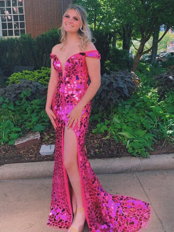 Lowest Price casual knit dresscasual knit dressOff Shoulder Pink Sequins Mermaid long Prom Dresses with High Slit, Mermaid Pink Formal Graduation Evening Dresses SP2499