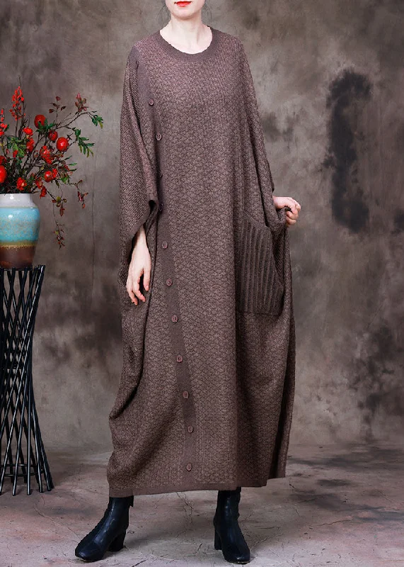 mini dressWomen Light Chocolate O-Neck Button Pockets Cashmere Maxi Dress Long Sleeve