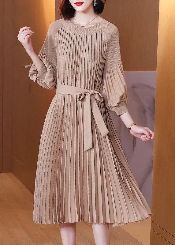 wool dressKhaki O-Neck Tie Waist Maxi Dress Lantern Sleeve