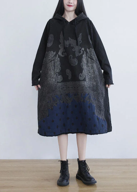 Bargain Prices floral wrap dressfloral wrap dressSimple Black Hooded Patchwork Print Cotton Dress Spring