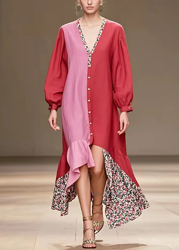 off-the-shoulder dressElegant Red V Neck Button Print Cotton Dress Long Sleeve