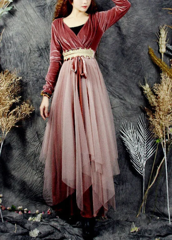Epic Deals boho-chic dressboho-chic dressFrench Red V Neck Tulle Patchwork Silk Velour Vacation Dresses Spring
