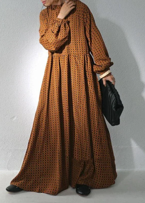 Unbeatable Prices form-fitting dressform-fitting dressBrown Dot Print Chiffon Maxi Dresses Stand Collar Wrinkled Long Sleeve