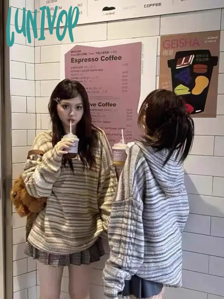 Extra Savings Lunivop Harajuku Fashion Striped Hooded Sweater Women American Retro Knitted Pullover Vintage Streetwear Jumper Long Sleeve Top