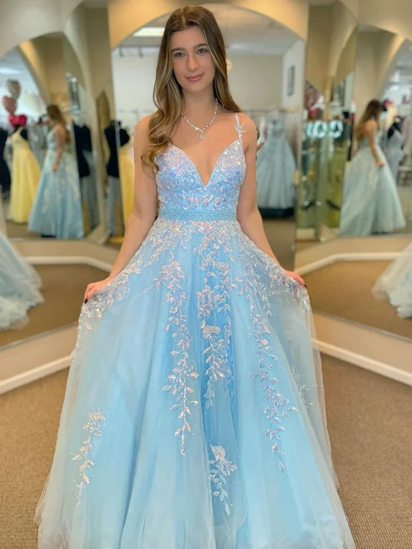 Seasonal Clearance modern dressmodern dressA Line V Neck Open Back Beaded Blue Lace Long Prom Dresses with Belt, Blue Lace Formal Dresses, Beaded Blue Evening Dresses SP2387