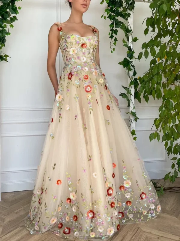 Markdowns bohemian dressbohemian dressA Line Champagne Tulle Floral Long Prom Dresses, Champagne Formal Graduation Evening Dresses with 3D Flowers SP2630