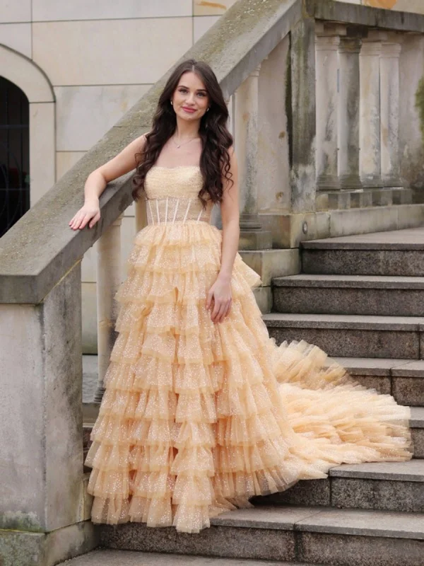 Mega Sale casual slip dresscasual slip dressShiny Strapless Champagne Layered Long Prom Dresses with Train, Long Champagne Formal Graduation Evening Dresses SP2910