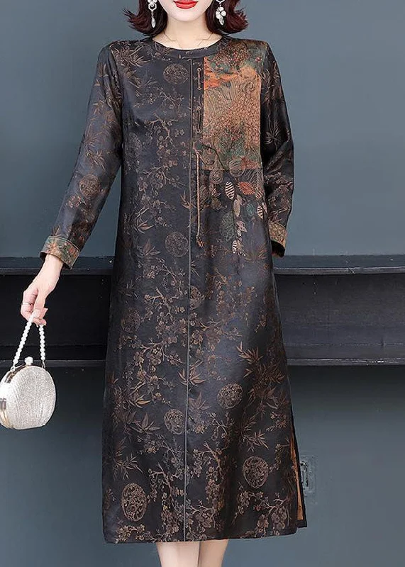 floral dressFrench Brown O-Neck Patchwork Side Open Silk Long Dresses Fall