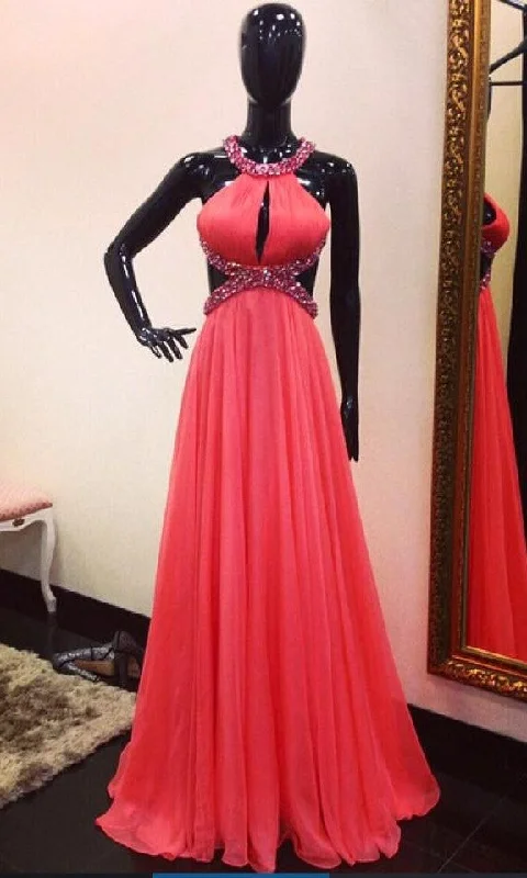 Exclusive Savings elegant evening dresselegant evening dressFashion Sexy Open Back Beaded Coral Prom Dress