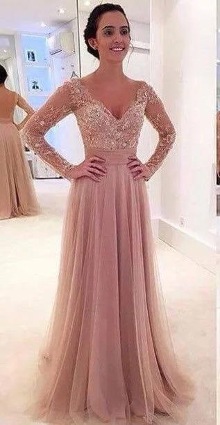 Closeout cocktail dresscocktail dressSexy Open Back Long Sleeve Lace Blush Evening Dress