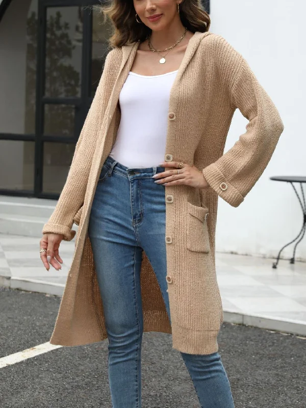 Epic Deals Pocketed Button Up Long Sleeve Hooded Cardigan