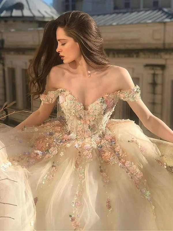 Markdowns flowy maxi dressflowy maxi dressGorgeous Off Shoulder Long Champagne Lace Floral Prom Dresses, Off Shoulder Champagne Formal Dresses, Floral Evening Dresses