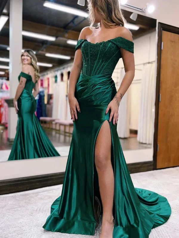 Best Deals shift dressshift dressOff Shoulder Green Lace Mermaid Long Prom Dresses with High Slit, Green Lace Formal Dresses, Mermaid Green Evening Dresses SP2550