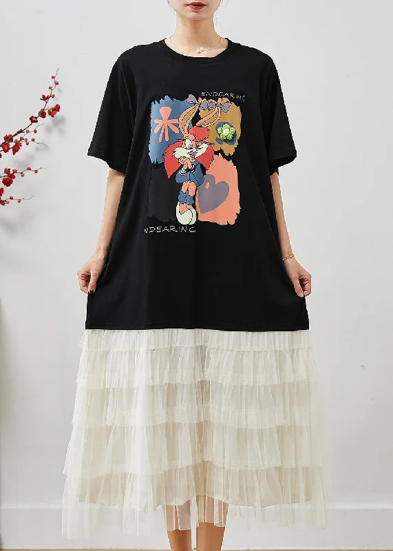 stylish party dressStyle Black Oversized Patchwork Cartoon Tulle Party Dress Summer