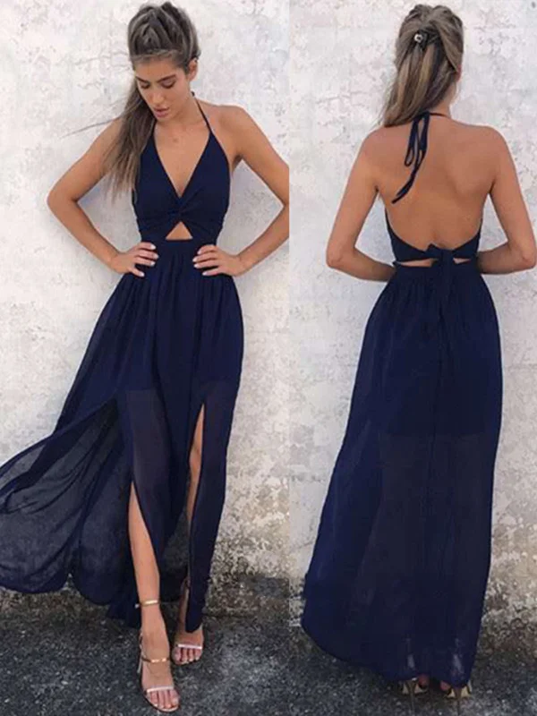 Instant Discount spaghetti strap dressspaghetti strap dressCustom Made Halter Backless Navy Blue Prom Dresses, Backless Navy Blue Formal Dresses
