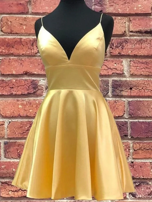 Big Discounts form-fitting dressform-fitting dressA Line V Neck Short Yellow Prom Dresses, Short V Neck Yellow Formal Homecoming Dresses