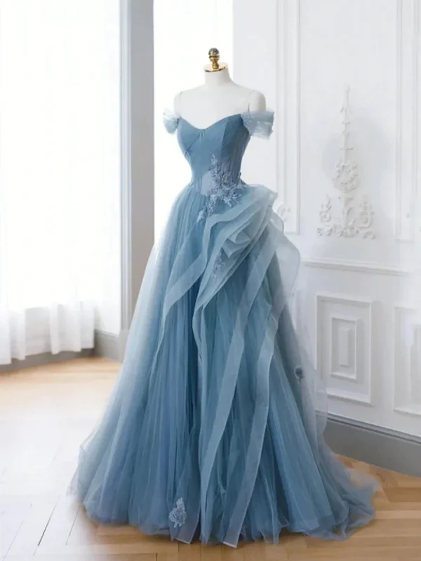 Big Savings evening dressevening dressA Line Off Shoulder Blue Lace Long Prom Dresses, Blue Tulle Formal Dresses, Blue Evening Dresses with Appliques SP2911