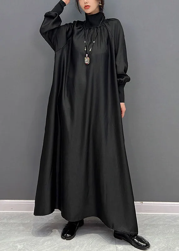 Price Smash mini dressmini dressWomen Black High Neck Oversized Silk Long Dress Spring