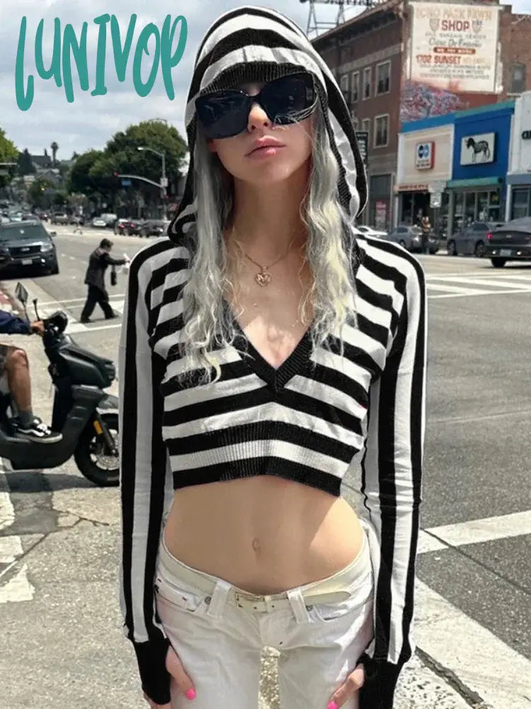 Savings Galore Lunivop Y2k Striped Print Cropped Sweater Vintage 2000s V Neck Full Sleeve Hooded Jumpers Pullovers for Women Harajuku Streetwear