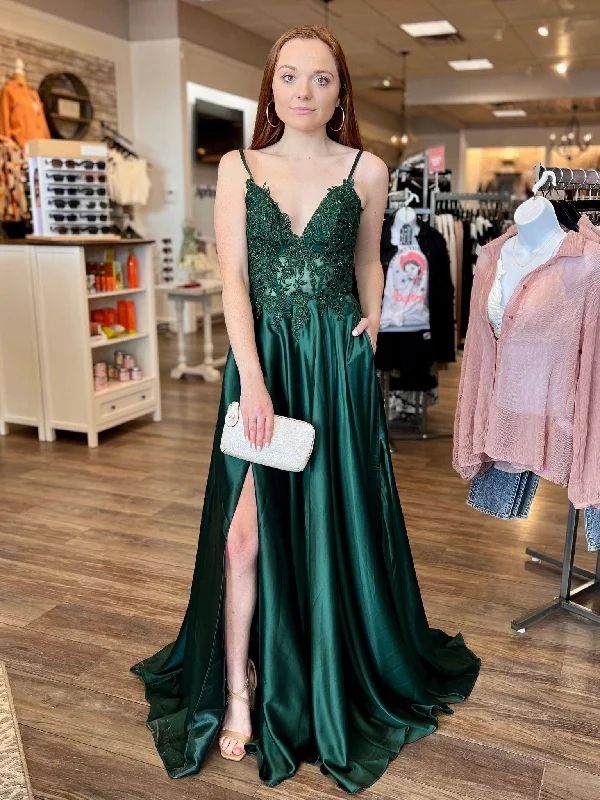 Buy More, Save More ruffle dressruffle dressV Neck Green Lace Long Prom Dresses with High Slit, Green Lace Formal Dresses, Green Evening Dresses SP2591