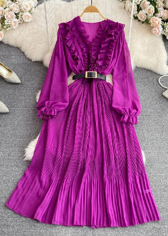 Midnight Madness ruffle dressruffle dressCute Purple V Neck Ruffled Tunic Sashes Maxi Dress Puff Sleeve