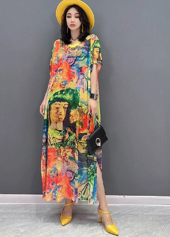 trendy dressFine O-Neck Print Side Open Chiffon Party Dress Short Sleeve