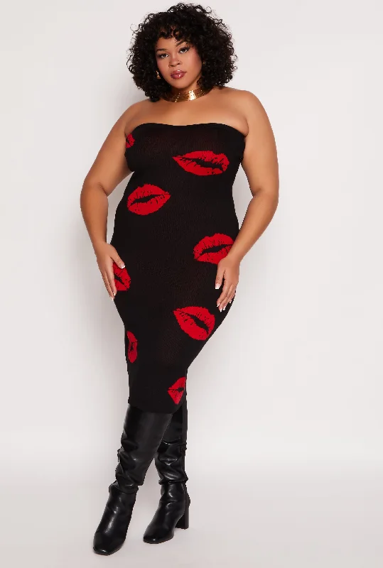 lace-up dressPlus Size Almost Famous Lip Print Midi Tube Dress