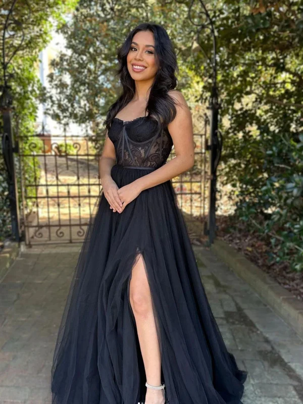 One-DAY Sale ruched dressruched dressA Line Open Back Black/Red Lace Long Prom Dresses with High Slit, Black/Red Lace Formal Graduation Evening Dresses SP2620