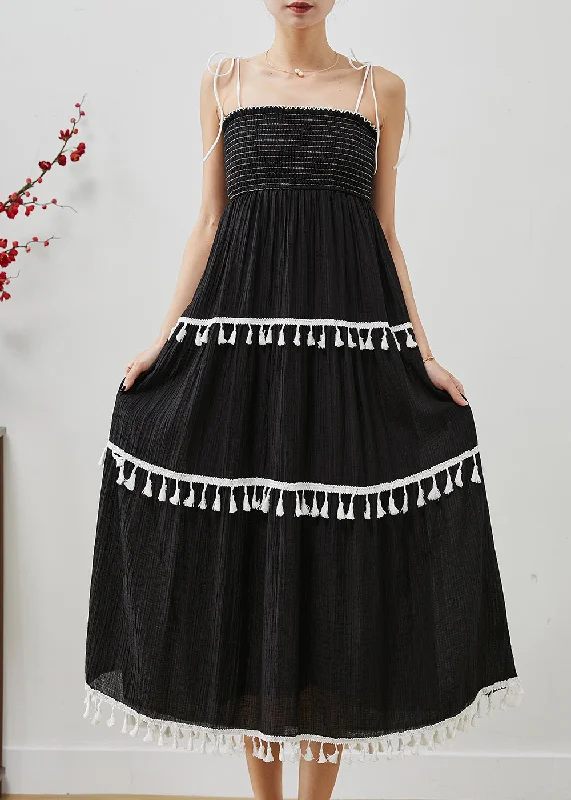 luxury dressWomen Black Tasseled Cotton Summer Spaghetti Strap Dress