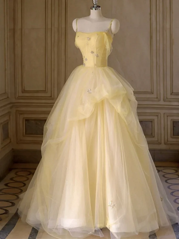 Online Only stylish dressstylish dressA Line Spaghetti Straps Layered Yellow Long Prom Dresses, Yellow Tulle Formal Evening Dresses, Ball Gown SP2678