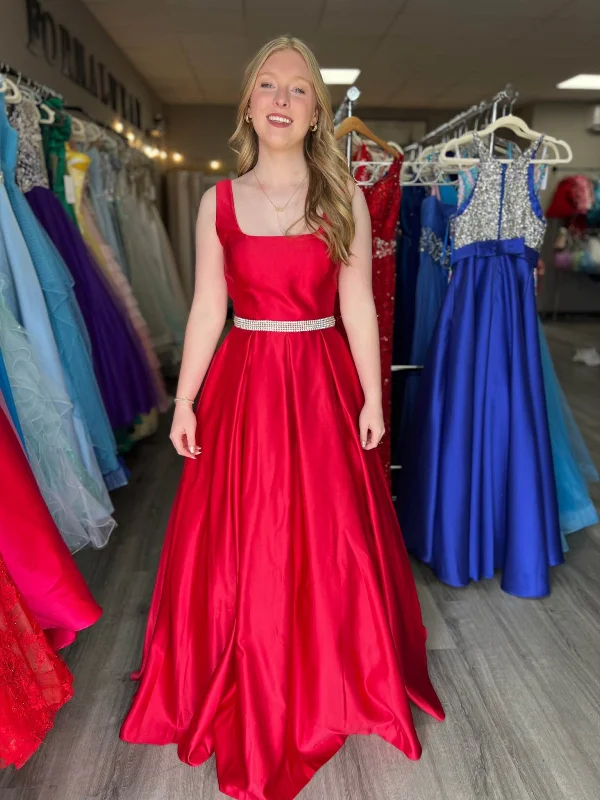 Inventory Reduction elegant maxi dresselegant maxi dressA Line Open Back Red Satin Long Prom Dresses with Belt, Long Red Formal Graduation Evening Dresses SP3073