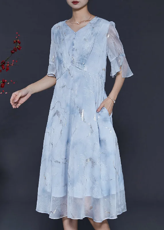 casual midi dressUnique Sky Blue Sequins Wrinkled Jacquard Chiffon Dress Summer