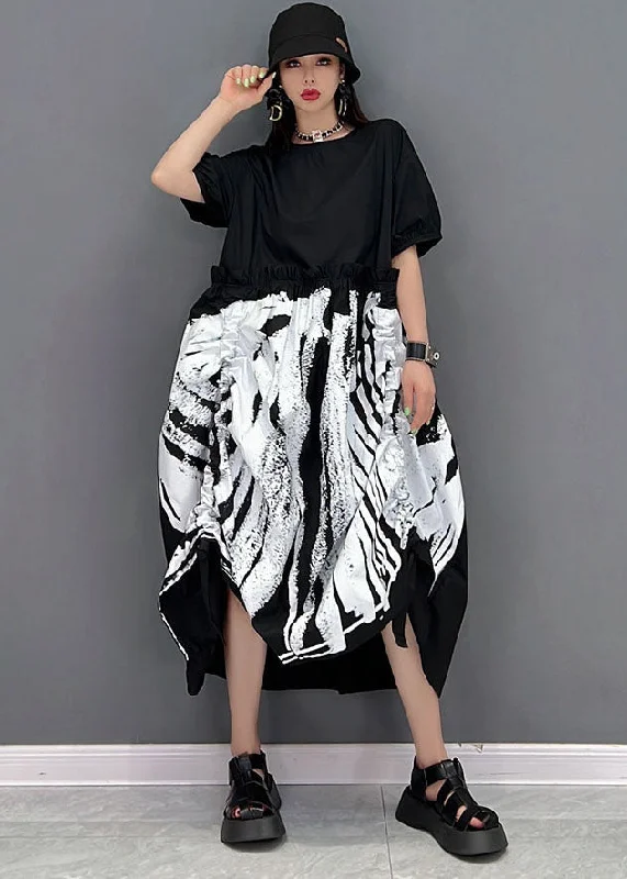 A-line dressItalian Black O-Neck Patchwork Print Wrinkled Cotton Long Dress Short Sleeve