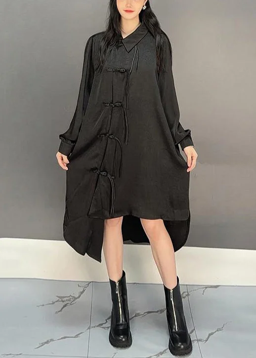 summer floral dressLoose Black Asymmetrical Chinese Button Cotton Shirts Dresses Fall